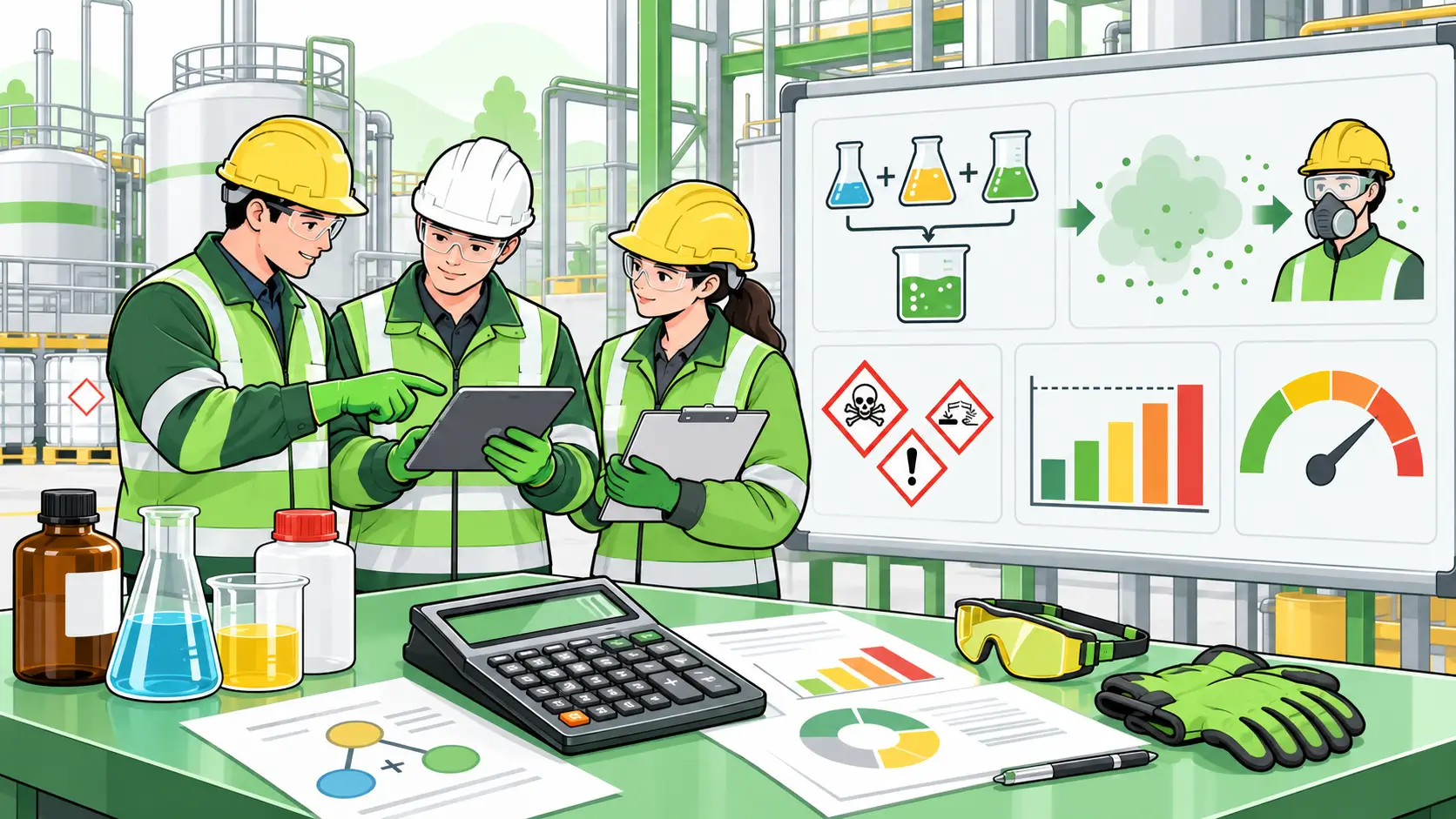 Scientists in safety gear analyzing chemical mixture and TLV calculations in an industrial lab setting.