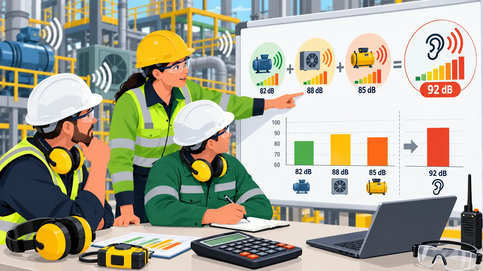 Team of workers analyzing noise levels and safety data on a digital display at an industrial site, with safety gear and noise measurement tools.