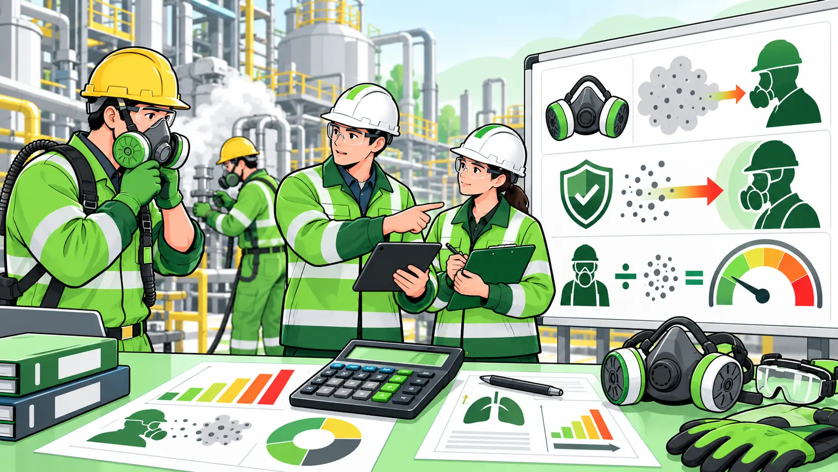 Workers in safety gear discussing respirator protection and APF calculation in an industrial setting.