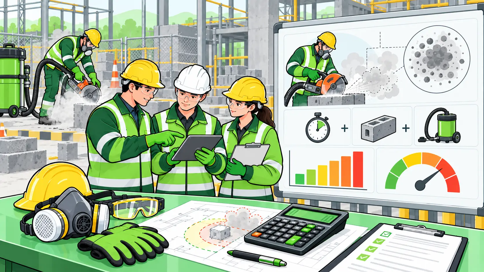 Workers at a construction site using dust control equipment, with safety gear and monitoring tools for silica exposure assessment.