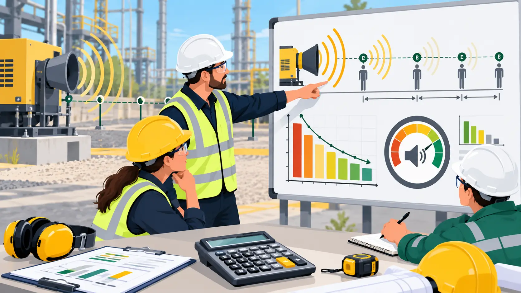 Workers analyzing sound distance data at an industrial site with safety gear and a sound level chart on a whiteboard.