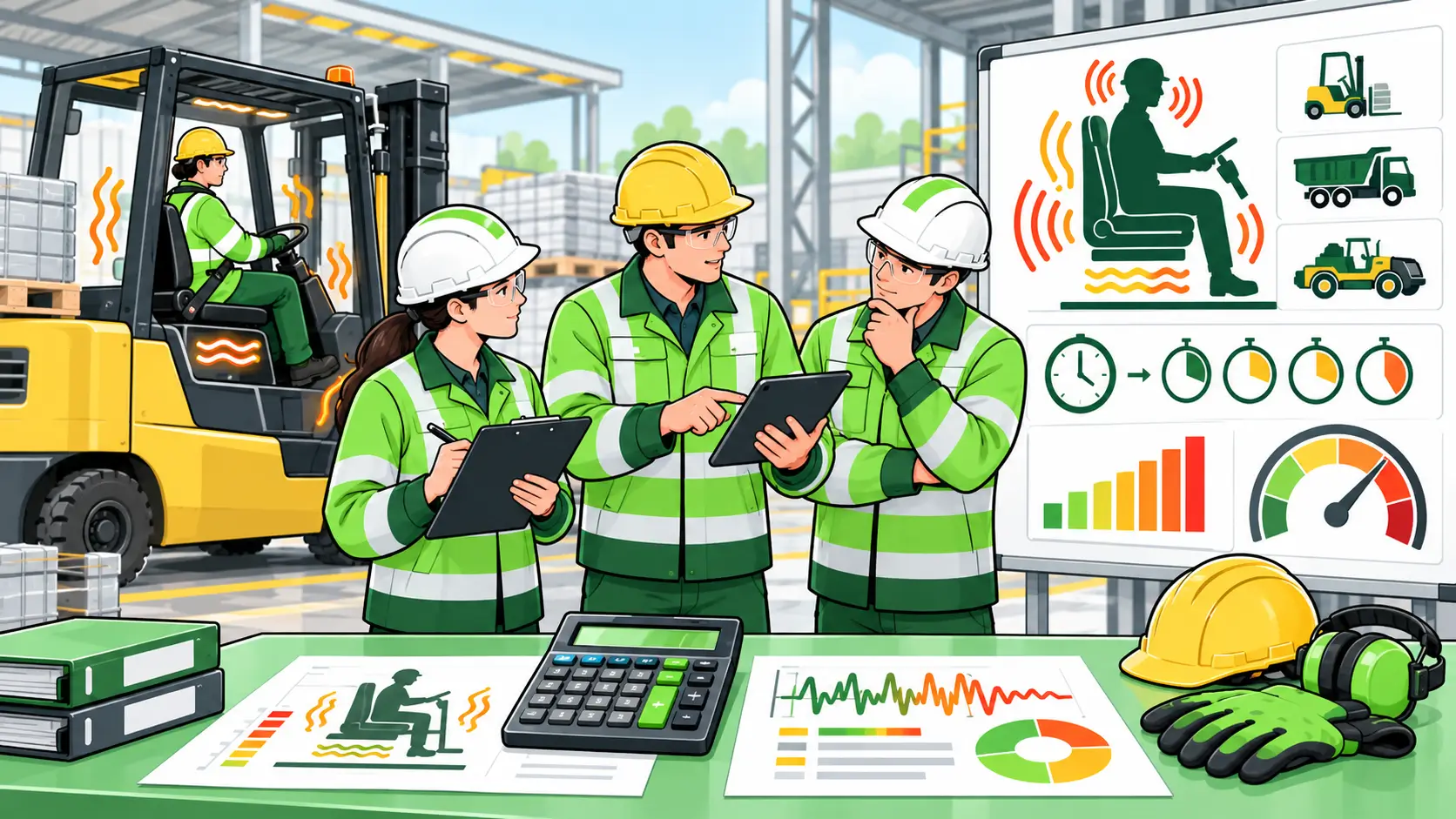 Workers discussing whole-body vibration risk and safety measures in a warehouse, with charts and safety equipment on the table.
