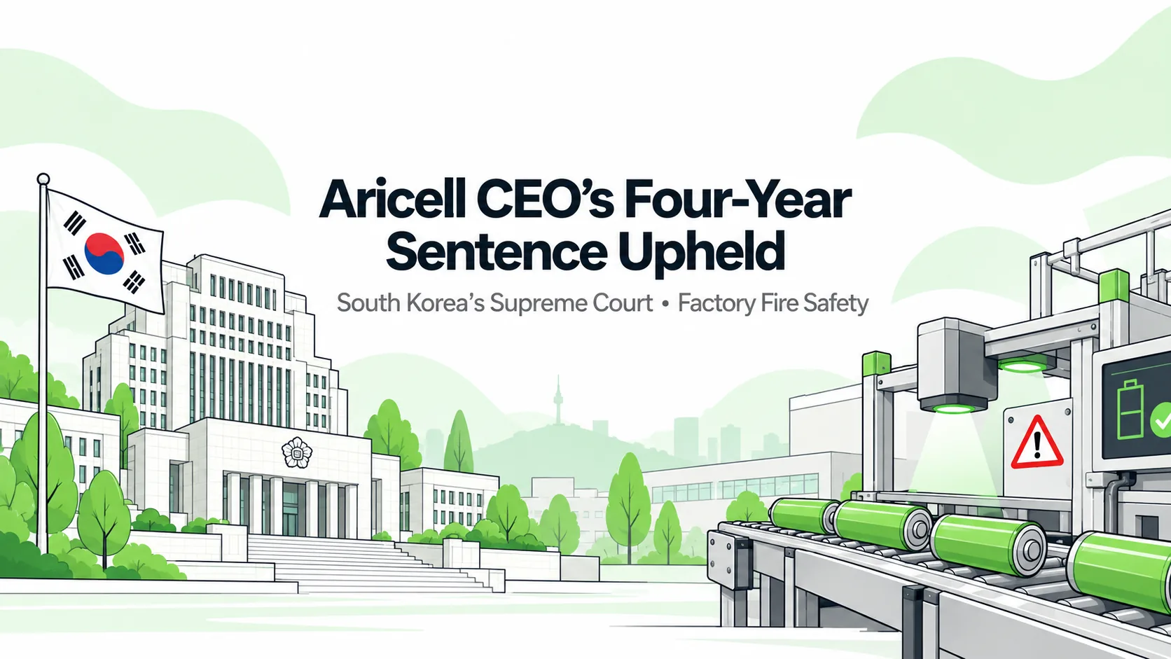 Editorial illustration of a South Korean courthouse and lithium battery inspection equipment accompanying news of the Aricell CEO’s upheld sentence.