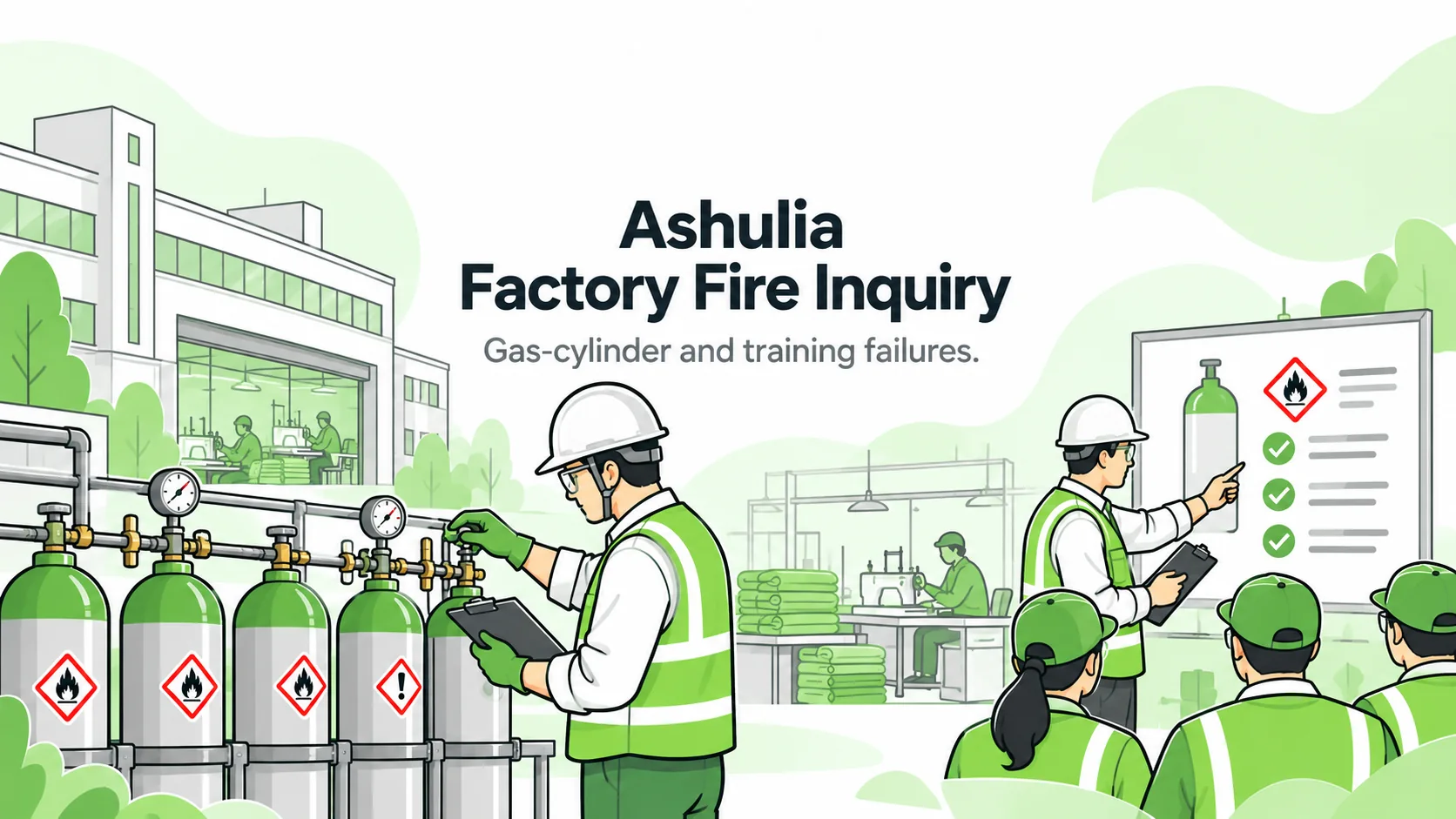 Editorial illustration of gas-cylinder inspection and worker training at a textile factory, representing the Ashulia fire inquiry rather than the actual incident.