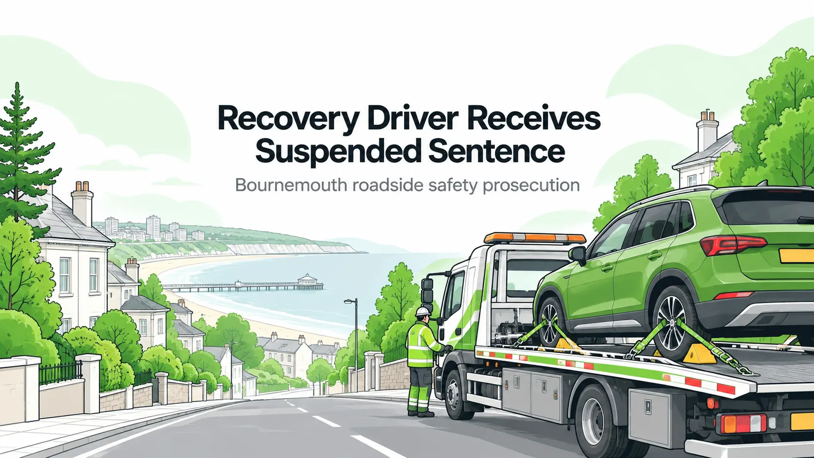 Editorial illustration of a secured recovery vehicle on a sloping street with wheel chocks; not the Bournemouth incident.