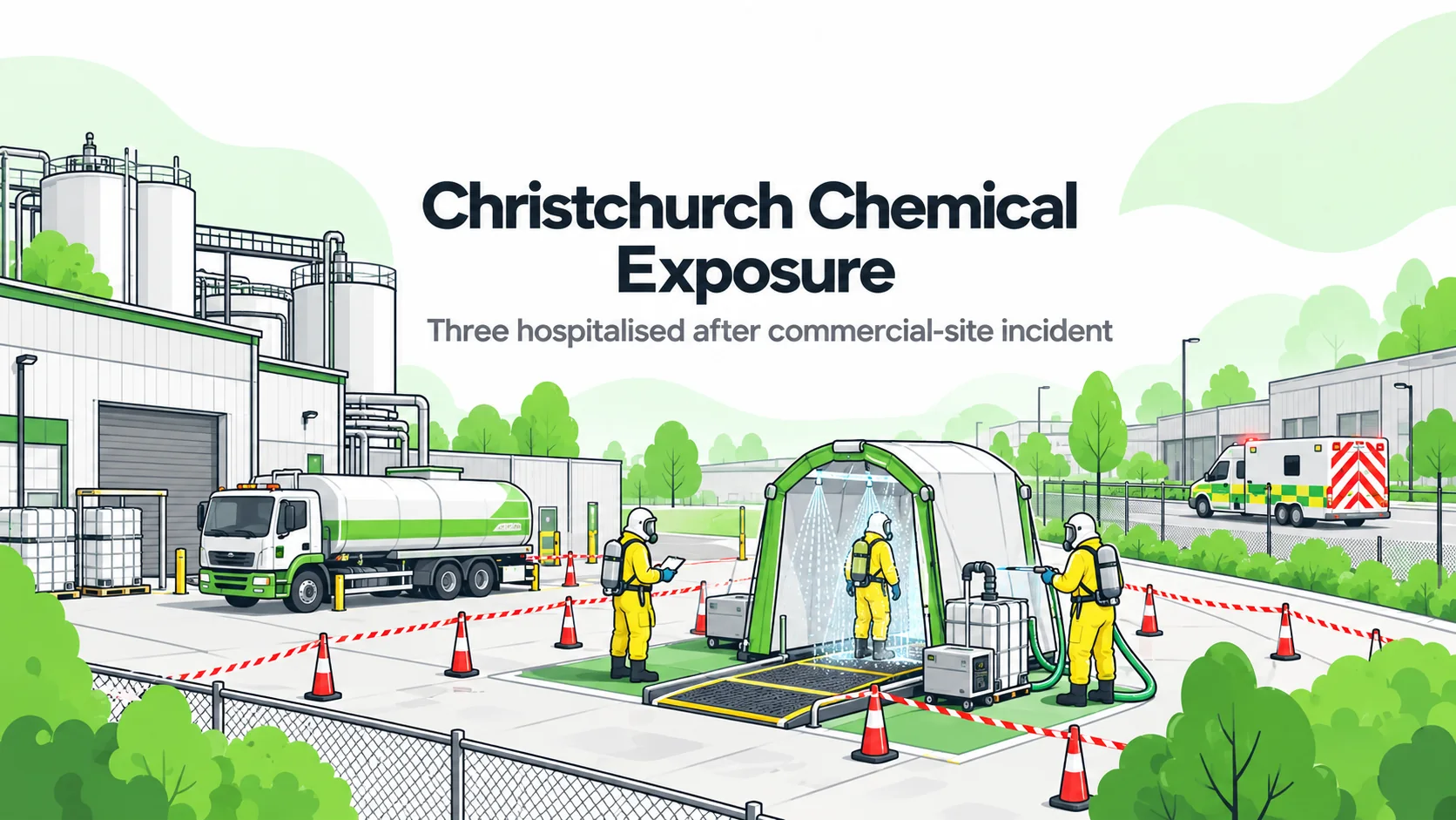 Editorial illustration of a commercial-site hazardous-material response with a decontamination area and emergency vehicles, representing Christchurch chemical exposure; not an incident photograph.