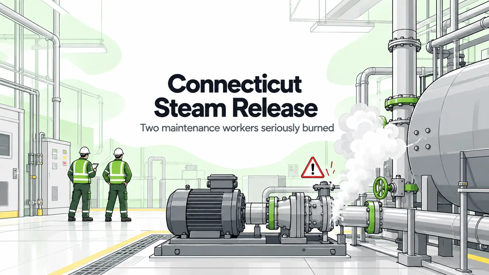 Illustration of a steam release from condensate pump equipment in an industrial boiler room while maintenance workers stand at a safe distance