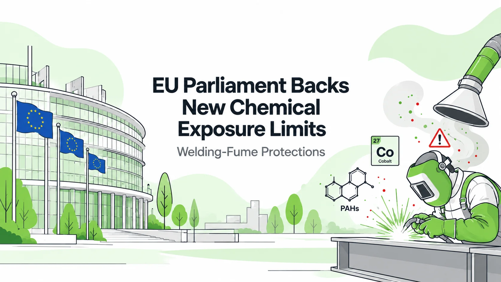 Editorial illustration of the European Parliament and a welder with green safety equipment and red airborne hazard accents.
