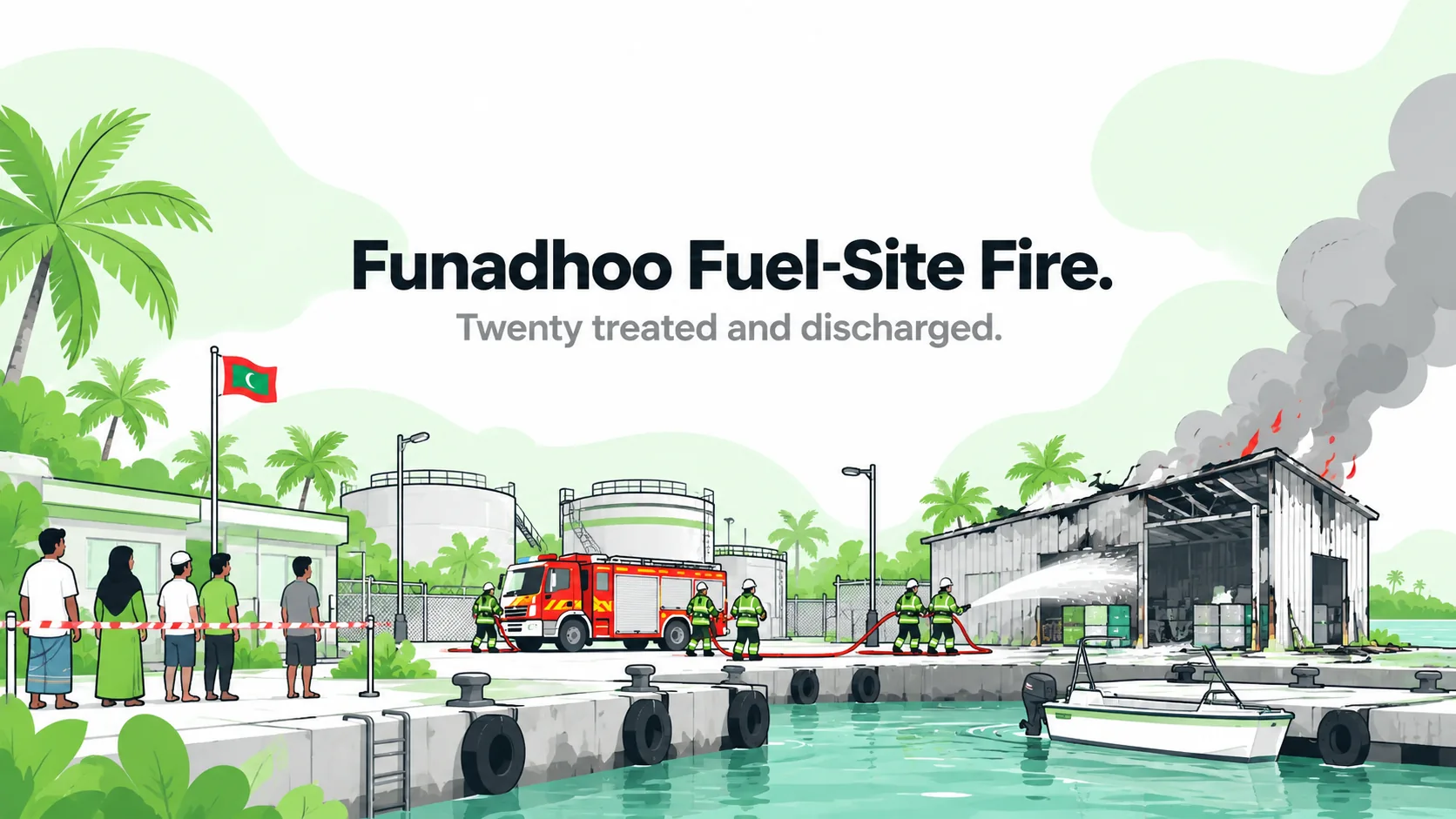 HSEBlog conceptual illustration of emergency crews responding to a fuel-site fire near a Maldivian harbour.