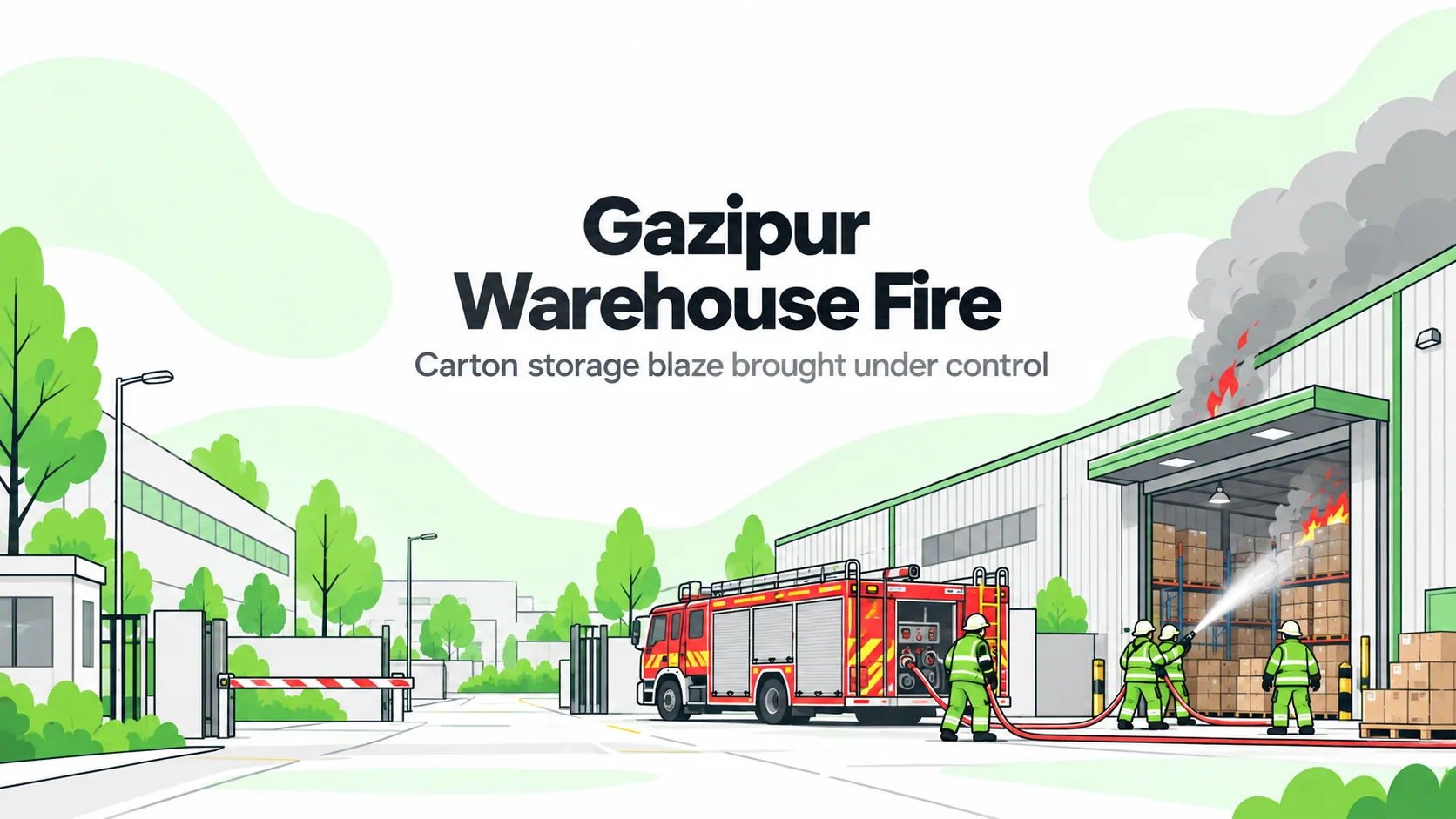 HSEBlog illustration of firefighters responding to a carton warehouse fire in Gazipur.