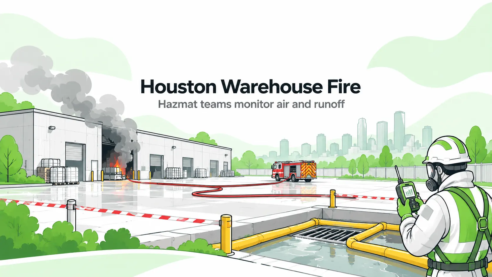 Editorial illustration of a warehouse fire response, a hazmat technician monitoring air and containment booms protecting a drain; not the actual UniClean America site or an incident photograph.