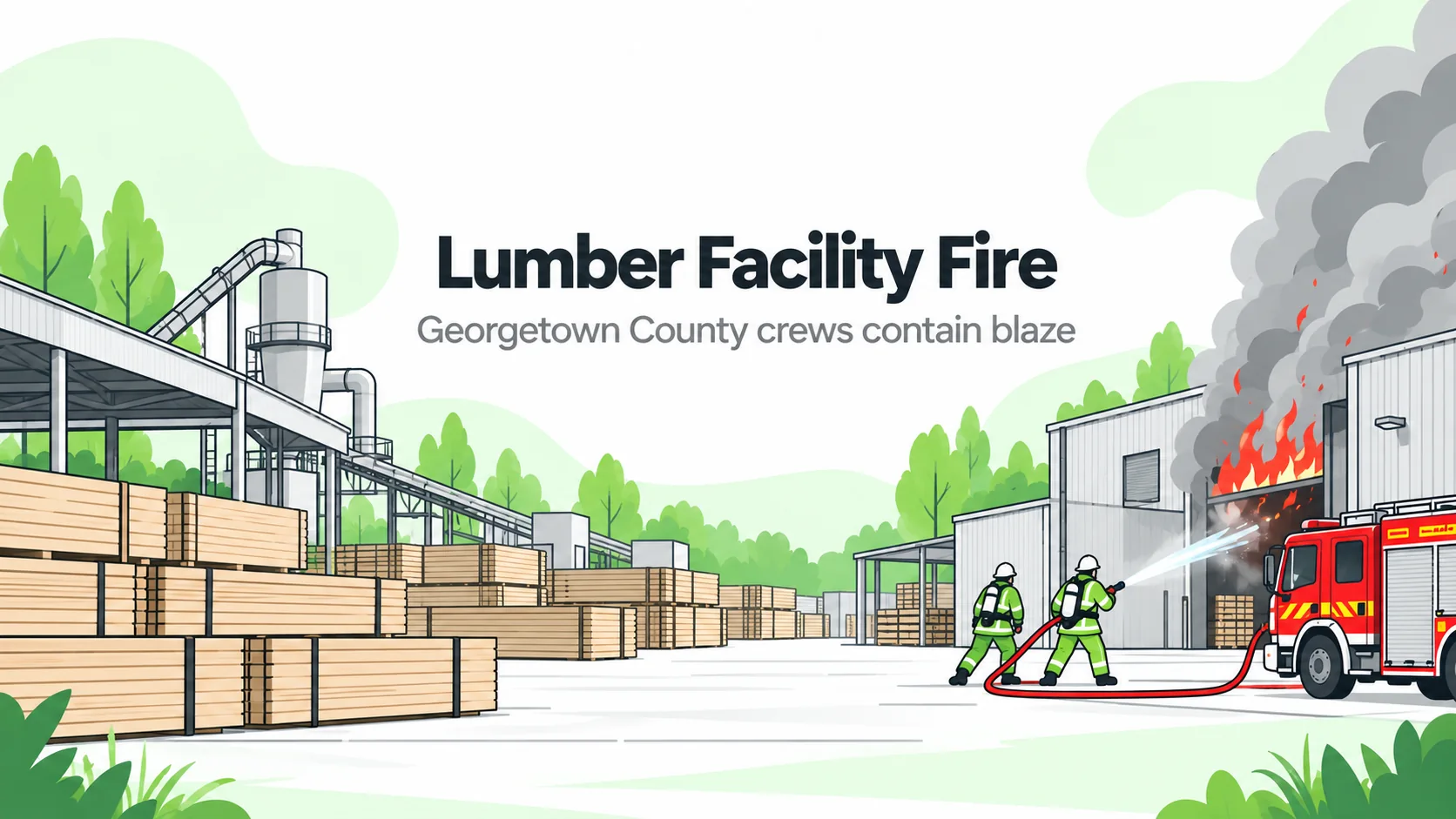 HSEBlog conceptual illustration of firefighters containing a fire at a lumber facility with separated timber stacks.