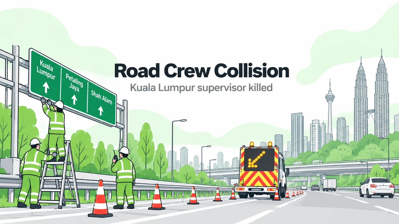 HSEBlog illustration of a protected road-sign work zone in Kuala Lumpur, with workers, cones and a warning vehicle.
