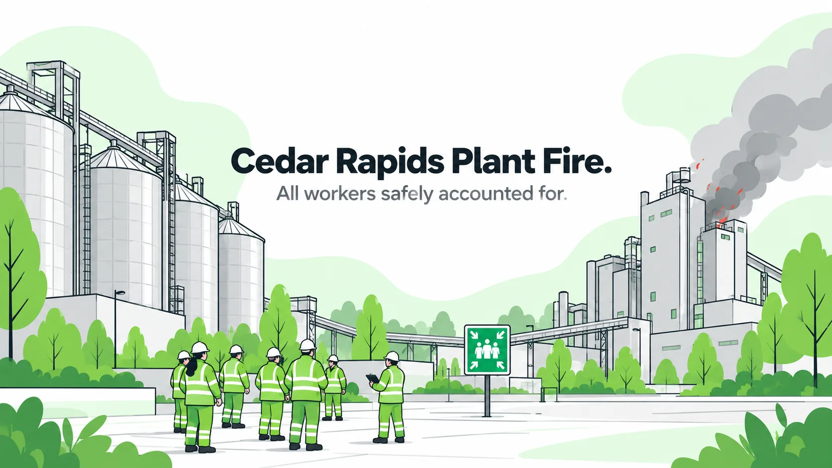 HSEBlog illustration of an Iowa grain milling plant fire and workers gathered safely at an assembly area.