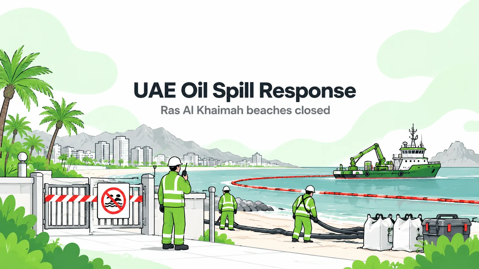Conceptual HSEBlog illustration of a closed UAE beach, coastal responders and a containment vessel.