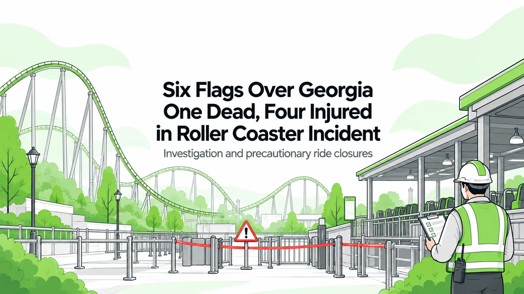 Editorial illustration of a closed roller coaster entrance, green coaster track, red safety cordon and an operator reviewing a clipboard; not a photograph or reconstruction of the Six Flags incident.