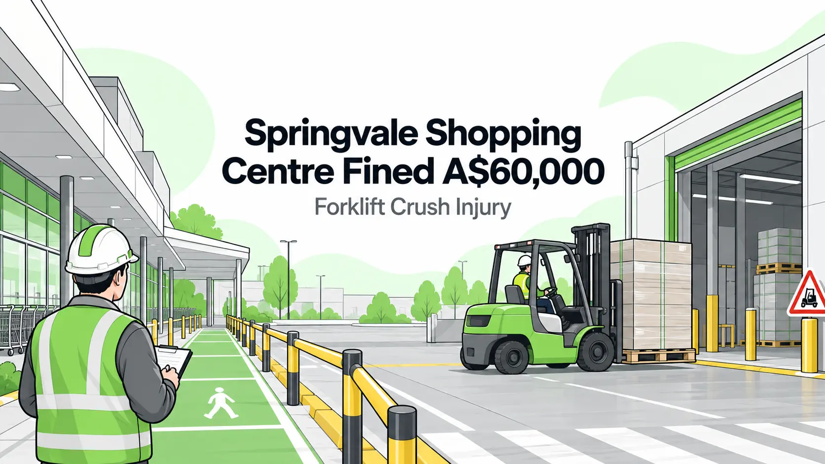 Illustration of a segregated shopping-centre loading bay with a forklift, marked pedestrian route and safety inspector.
