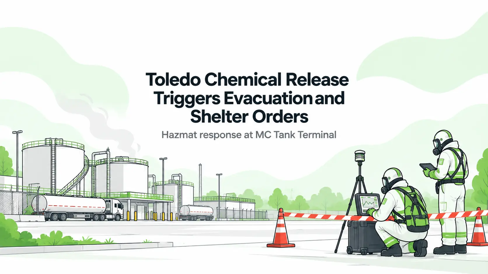 HSE Blog illustration of a chemical terminal and hazmat responders monitoring air behind a cordon; not a photograph of the Toledo release.