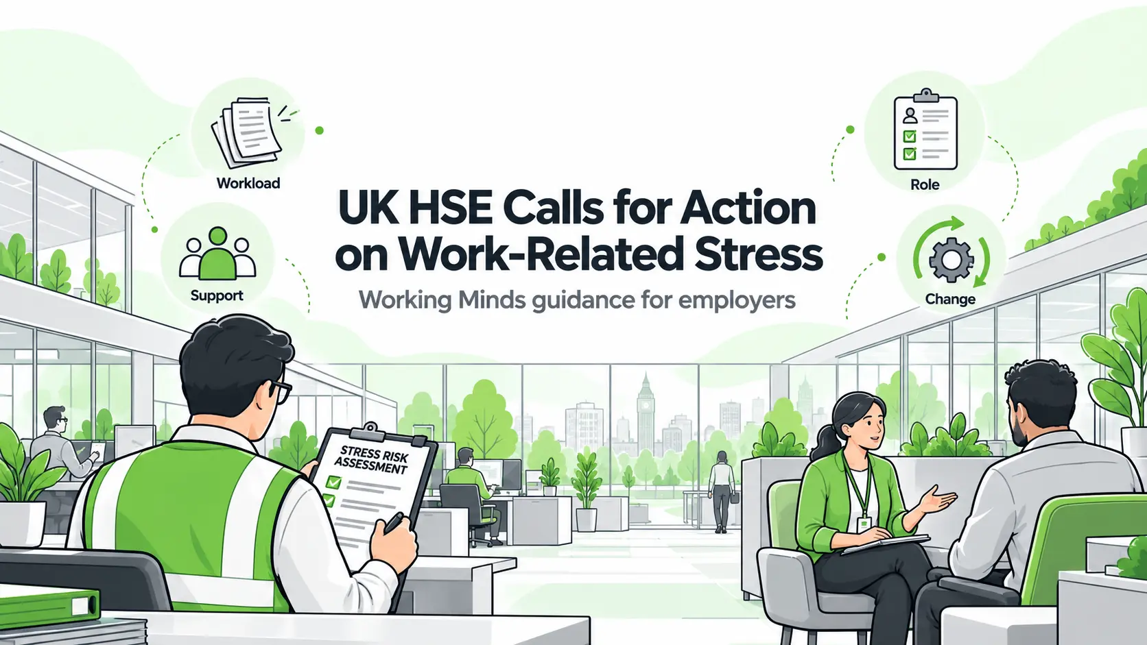 Illustration of a manager reviewing a stress risk assessment while colleagues discuss work-related stress controls in a modern UK workplace