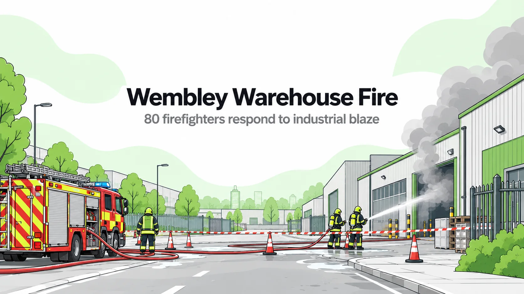 Editorial illustration of a cordoned industrial warehouse, fire appliance and hose team representing the Wembley warehouse fire; not an incident photograph.