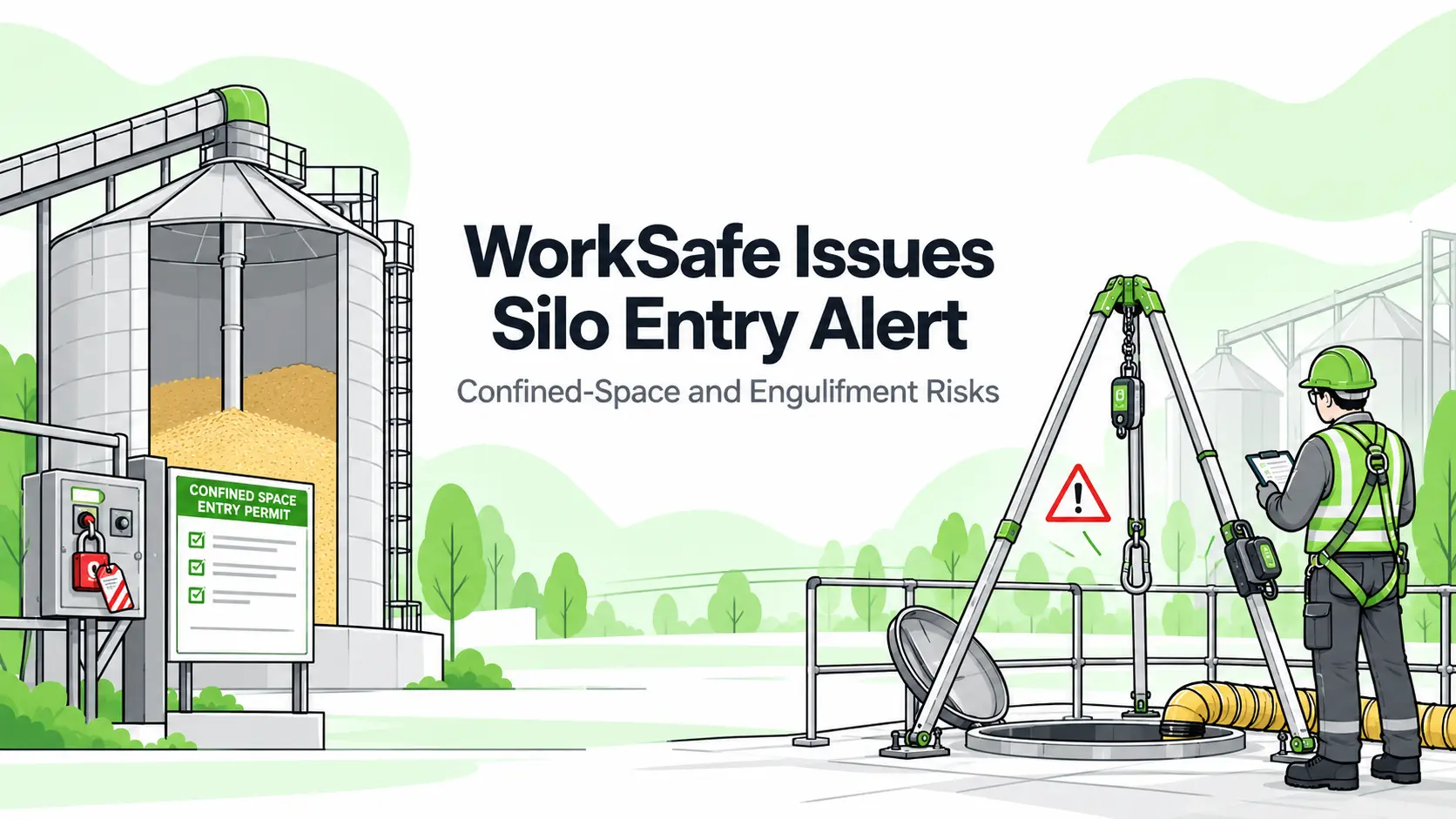 Illustration of a grain silo entry area with lockout controls, a confined-space permit, tripod retrieval system and trained observer.