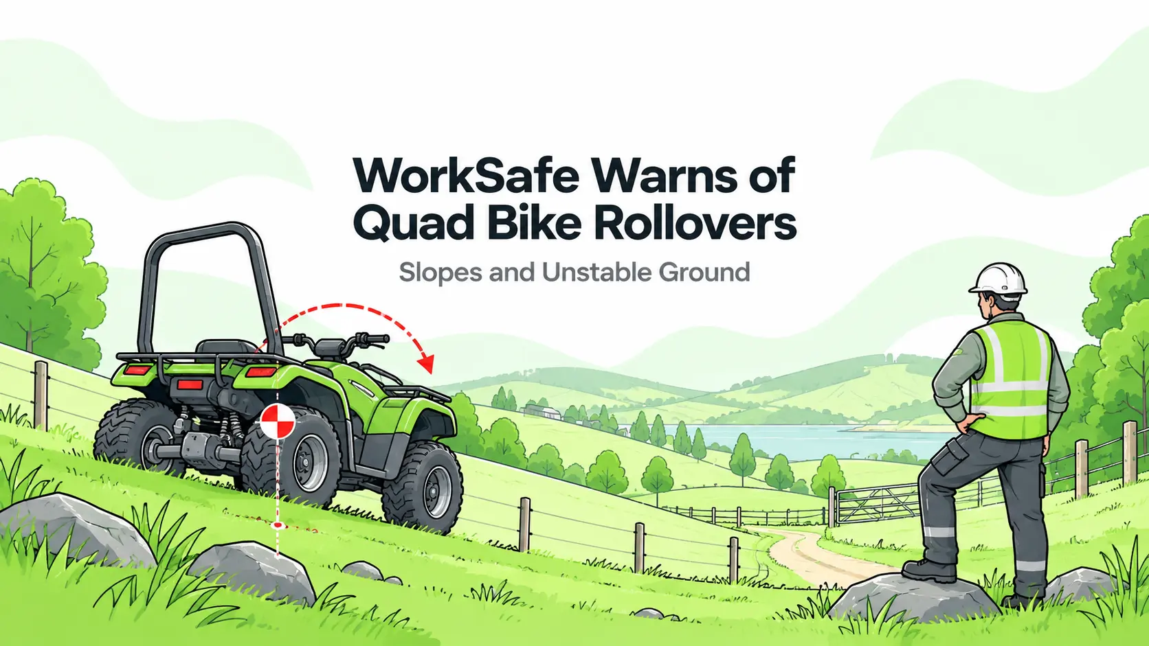 Illustration of a parked quad bike on a farm slope with rollover protection and a worker assessing uneven terrain.
