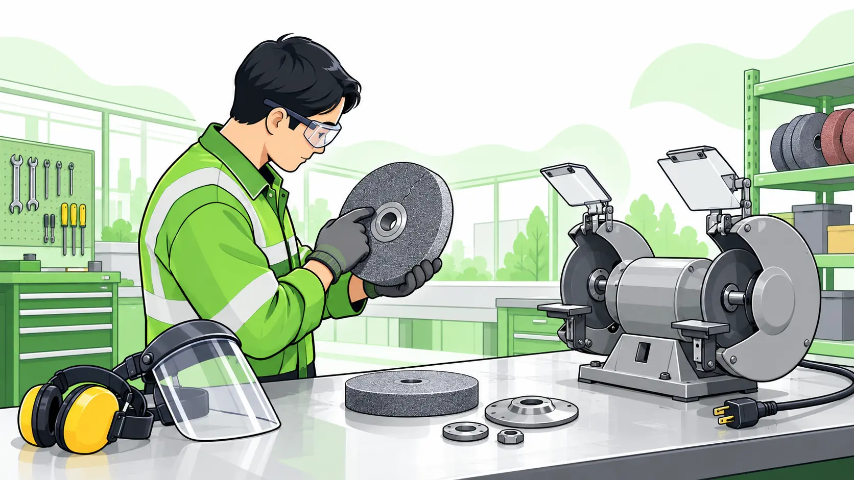 A competent technician inspects an abrasive wheel and mounting flanges on an isolated bench grinder before assembly.