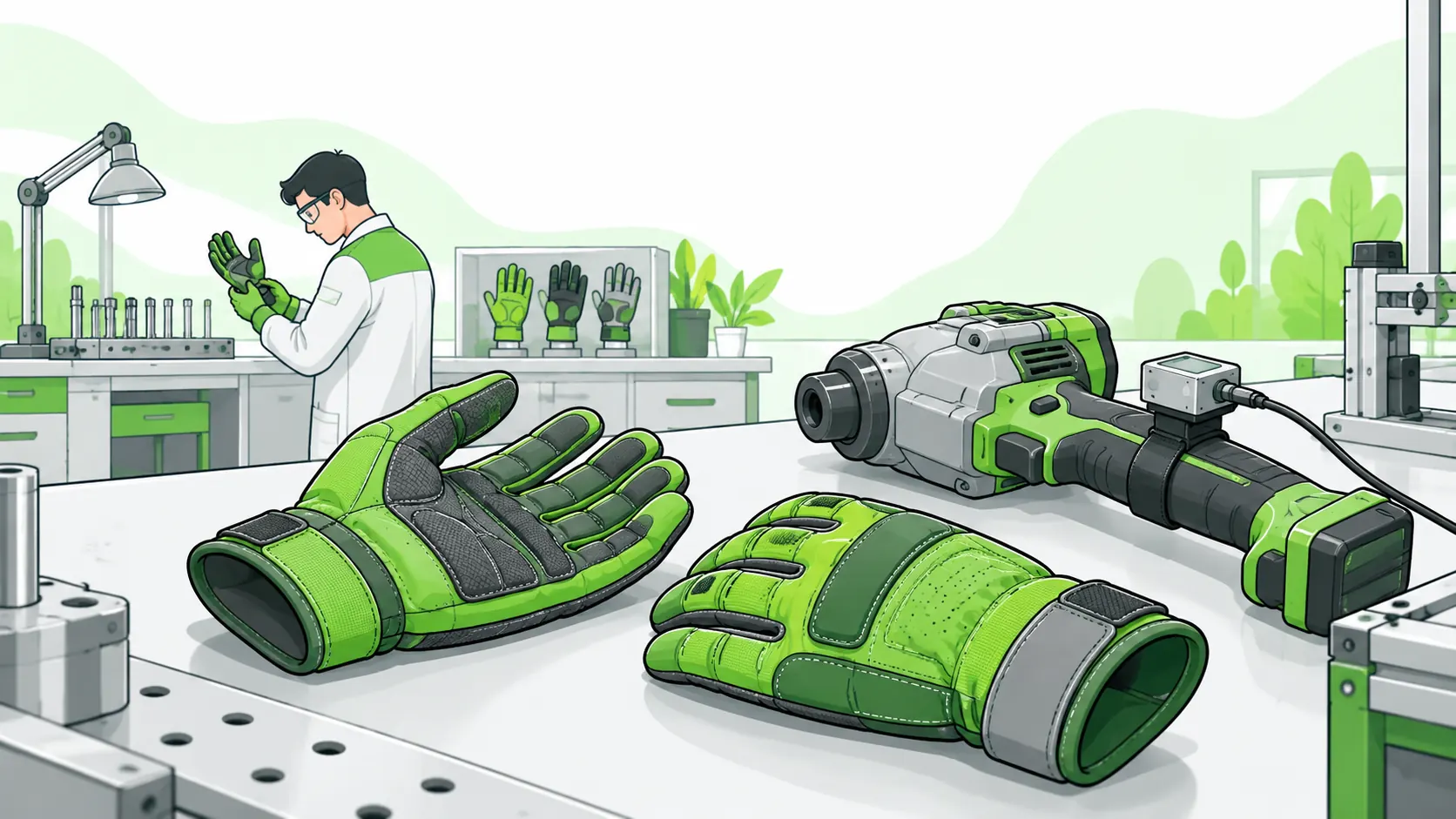 Padded gloves lie beside an inactive power tool and vibration sensor while a technician examines their flexibility and grip.