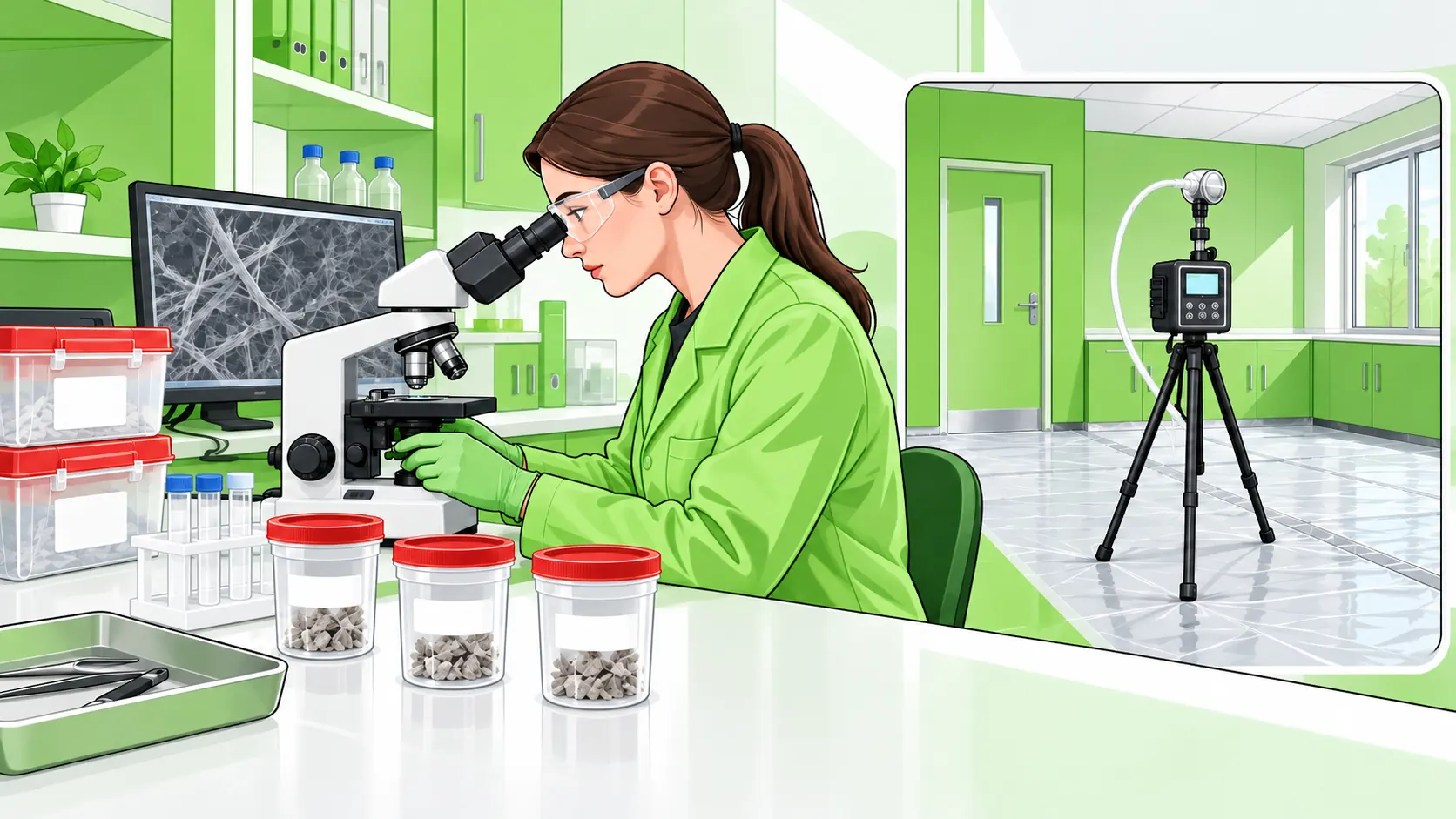 An asbestos analyst examines sealed samples using a microscope beside air-sampling equipment in a cleared enclosed room.