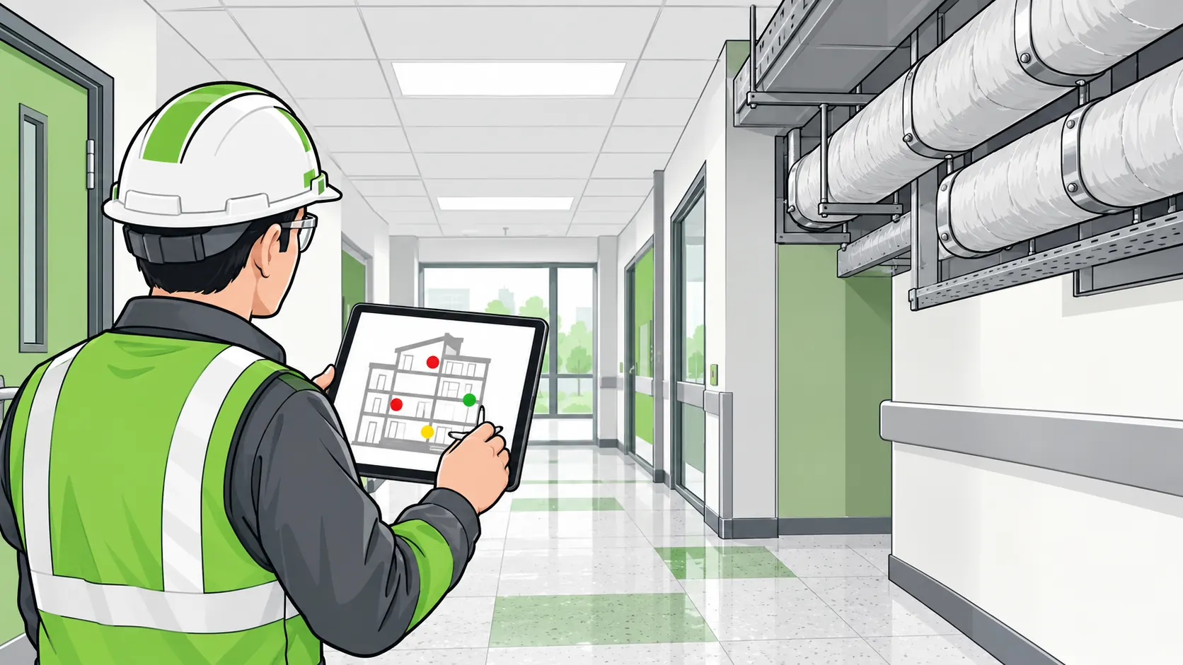 A surveyor records the locations of intact building materials on a pictorial building plan during an asbestos register inspection.