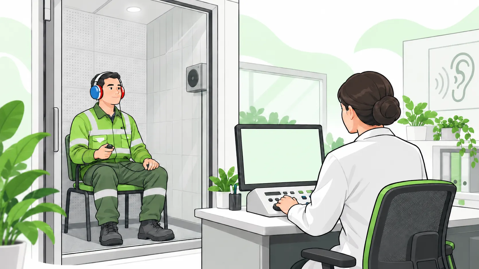 Occupational health professional conducts a hearing test for a worker wearing audiometry headphones and holding a response button inside a quiet booth.