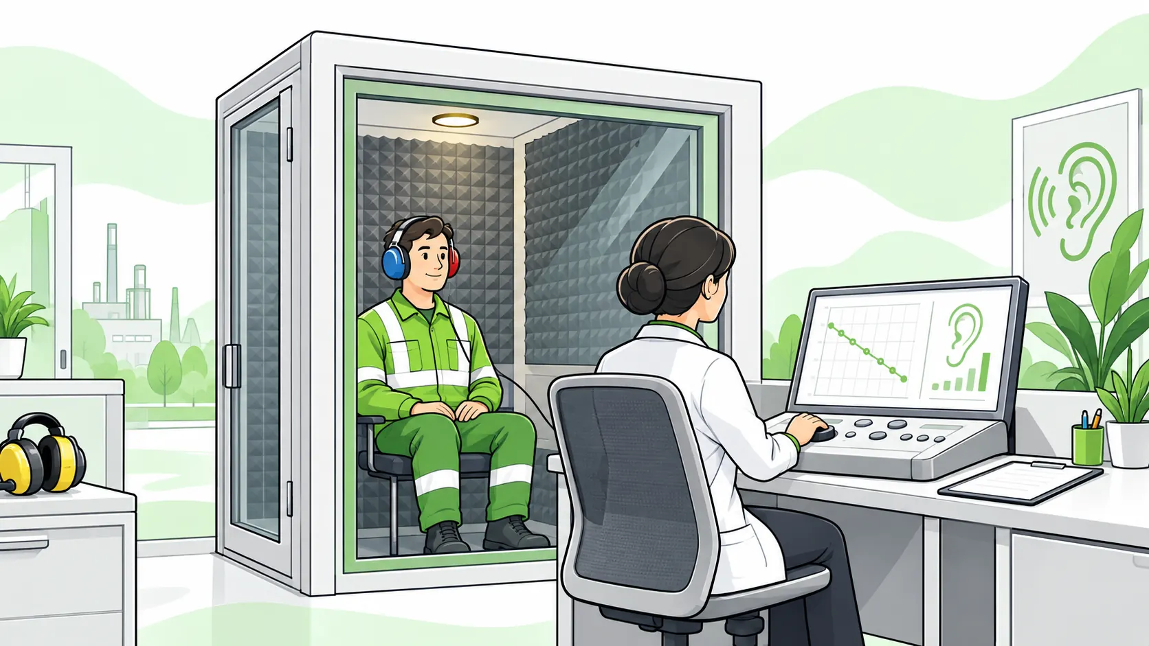 Worker wearing audiometry headphones sits in a sound-treated booth while a clinician operates hearing-test equipment outside.