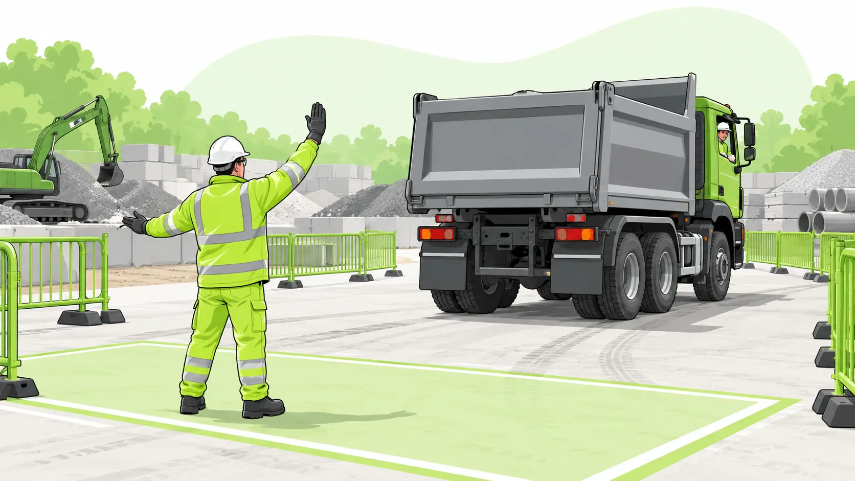 A trained banksman uses clear hand signals from a protected position to guide a reversing dump truck in a segregated construction yard.
