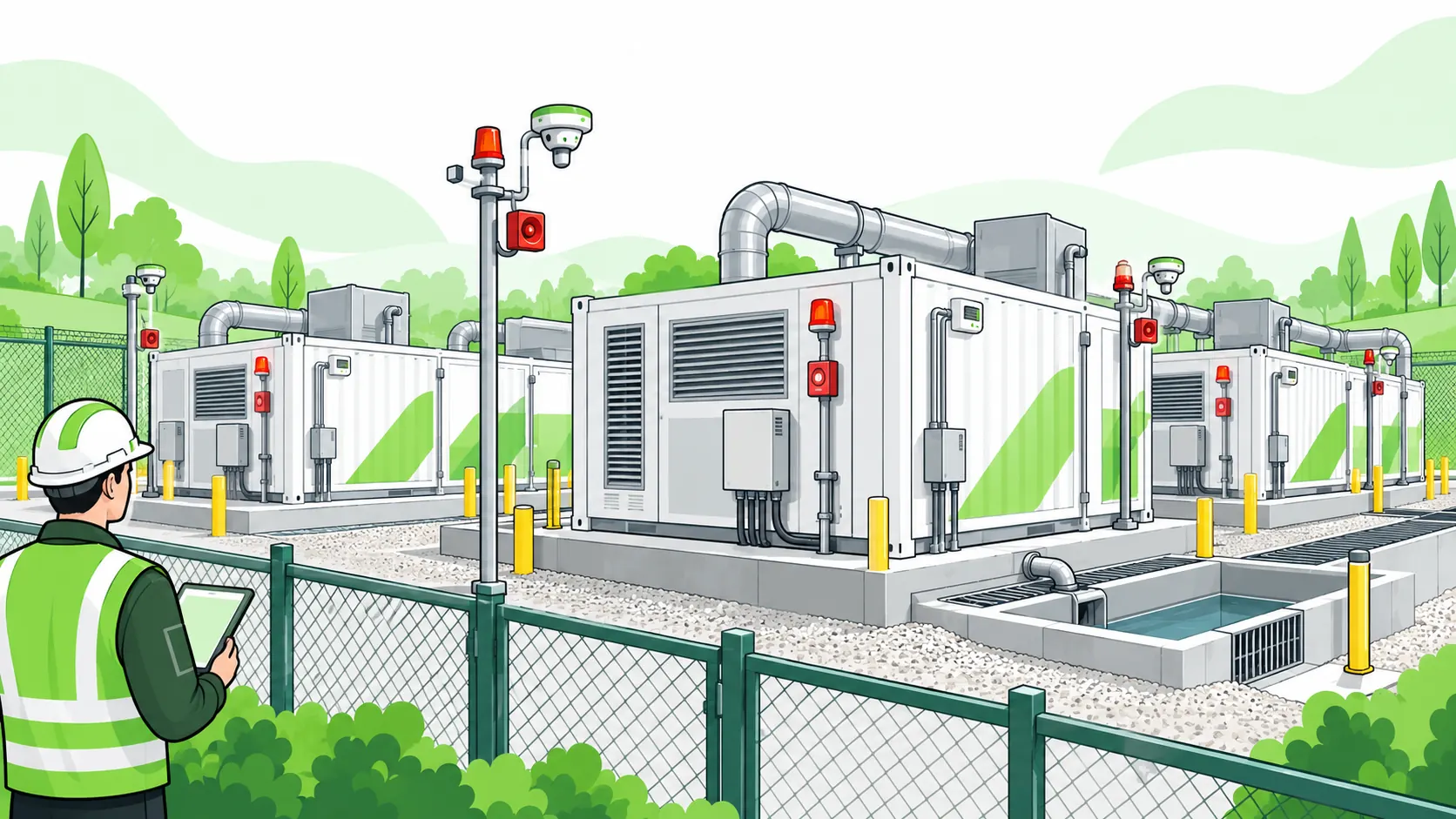 Safety worker inspects a fenced battery storage facility with separated containers, ventilation, detection equipment and runoff containment.