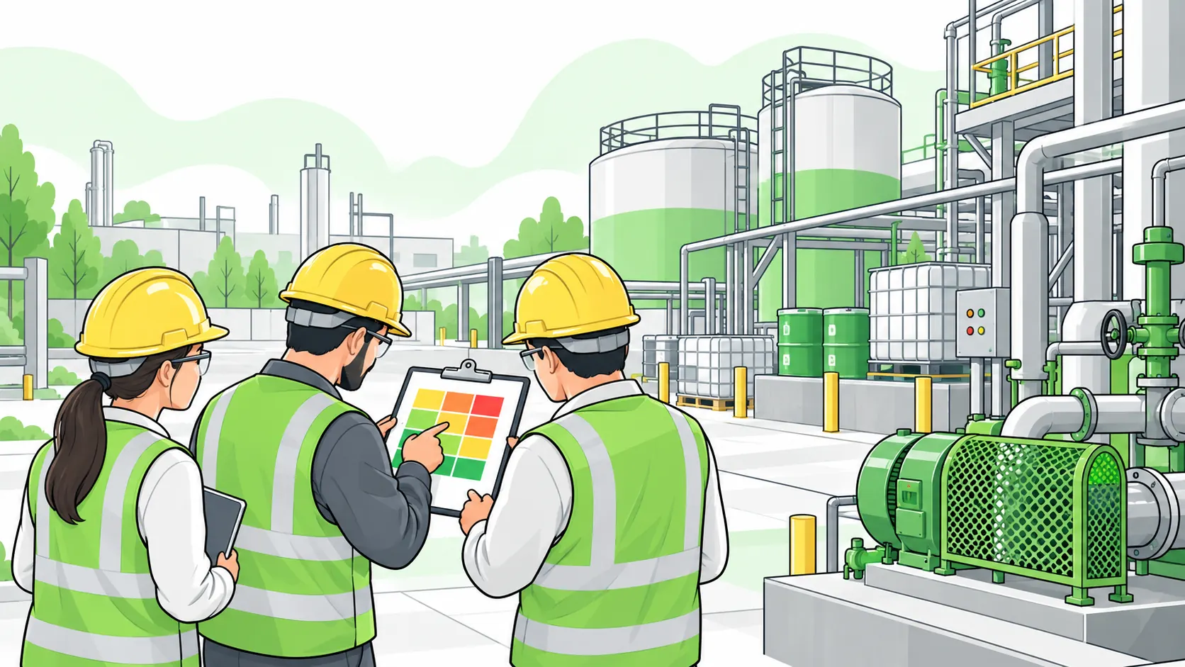 Safety team analyses a colour-coded risk matrix beside guarded equipment and chemical storage in an industrial facility.