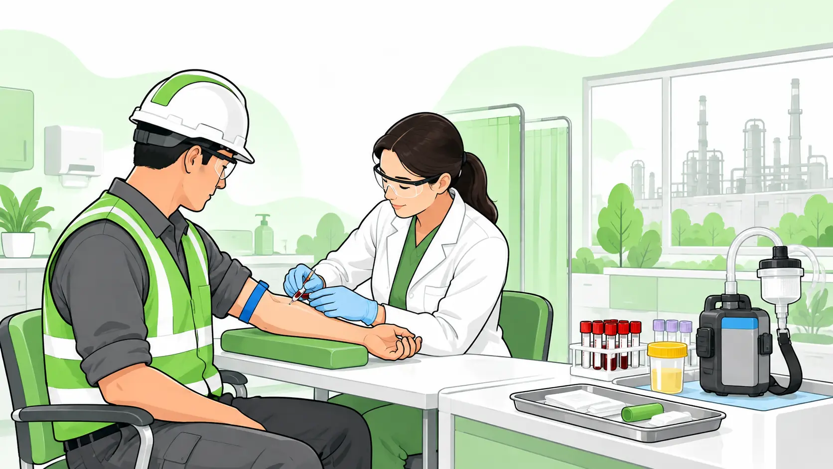 An occupational health clinician takes a blood sample from an industrial worker while blank specimen containers and exposure equipment are prepared.