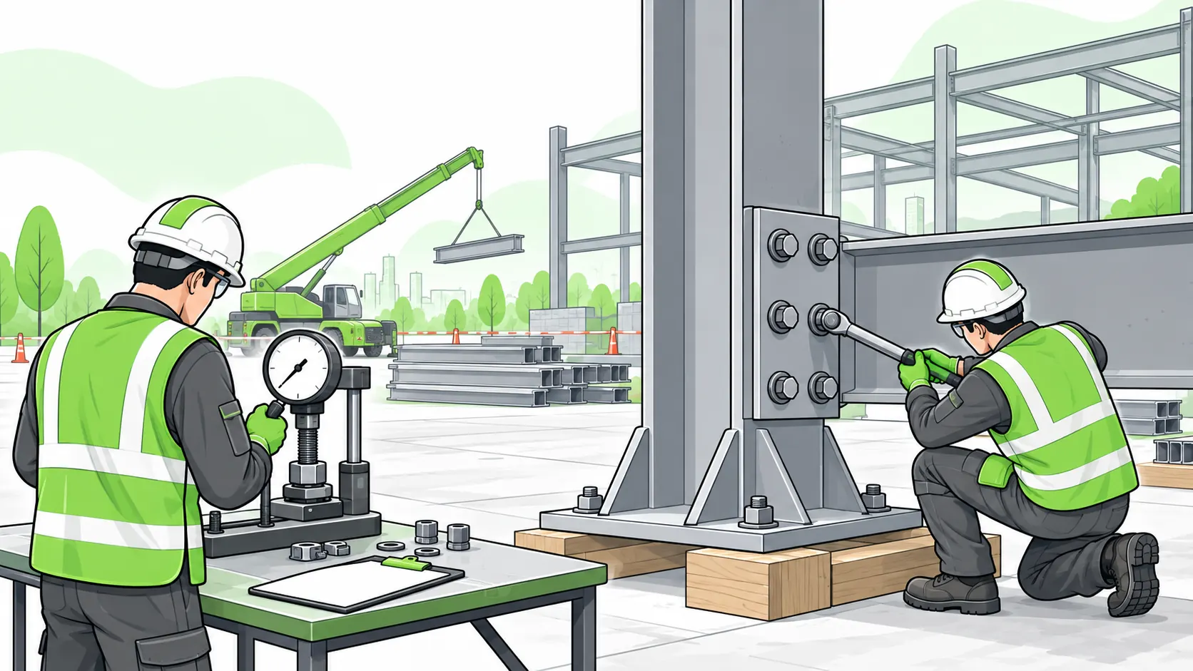 Technicians verify high-strength structural bolts using a torque wrench and bolt-tension testing equipment beside a supported steel connection.