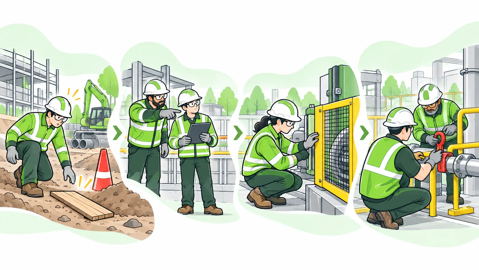 Four safety-culture scenes show reacting to hazards, supervisor guidance, individual checks and teamwork to secure equipment.