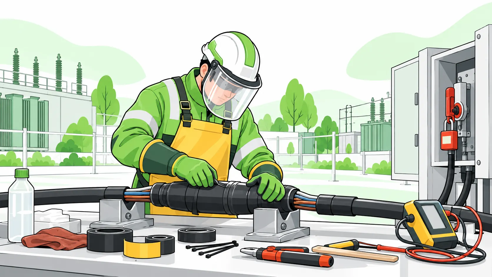 Protected cable jointer assembles an isolated cable joint beside test equipment, insulated tools and a locked disconnect.