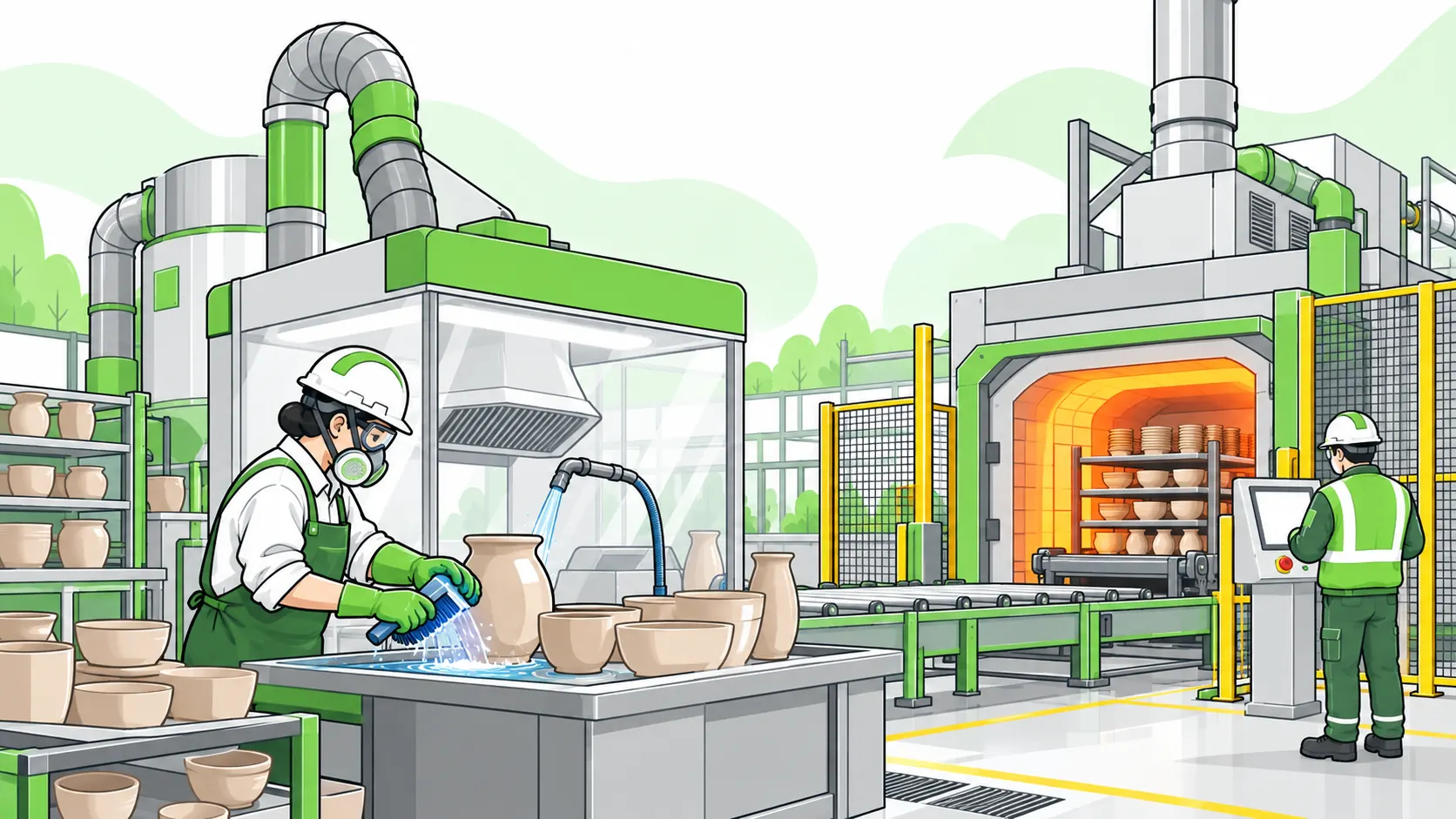 Ceramics worker uses wet cleaning and extraction beside a guarded ventilated kiln operated from an external control station.