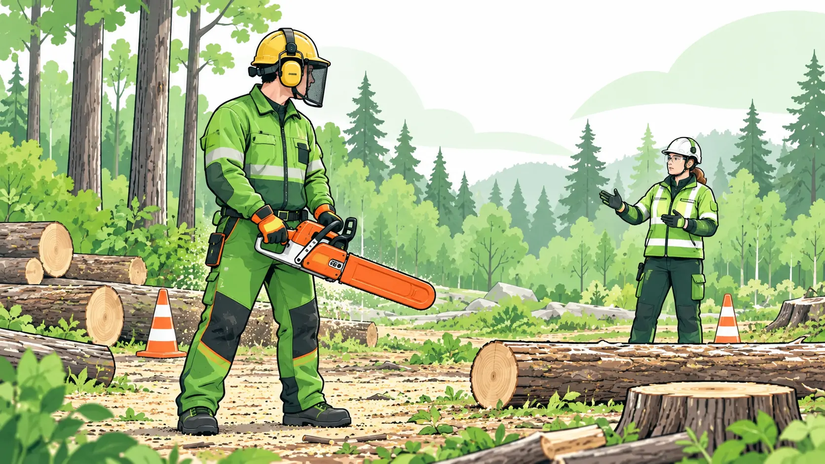 Forestry worker wearing chainsaw protective equipment holds a covered chainsaw during training in a marked woodland area.