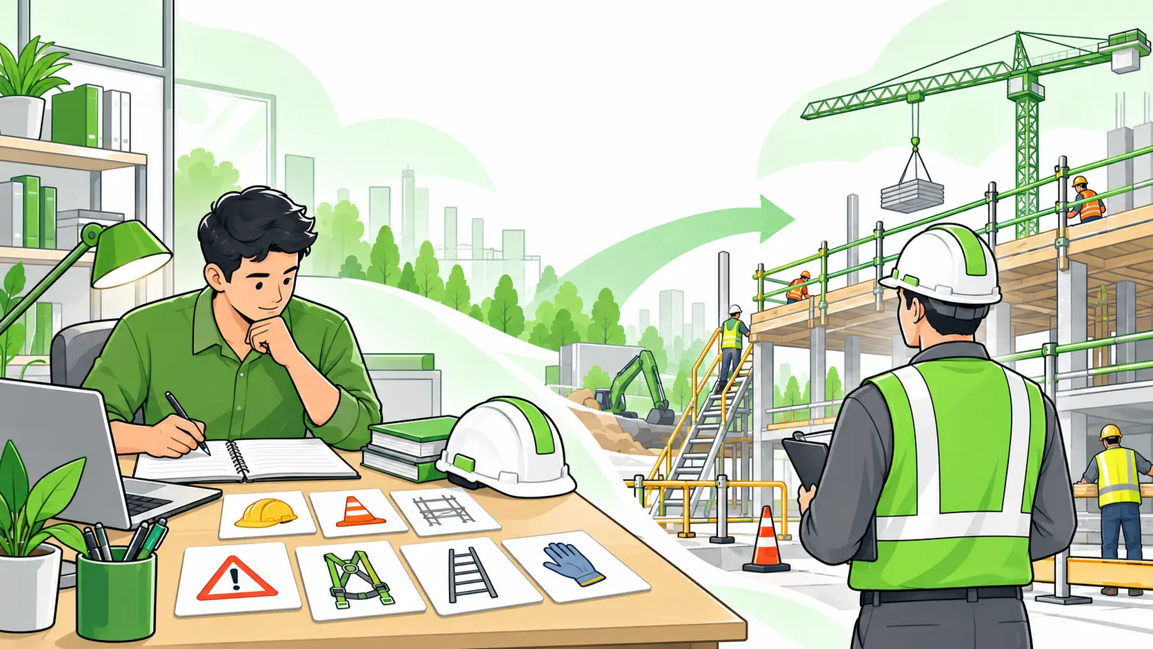 An aspiring construction safety technician studies before inspecting a well-controlled building site.