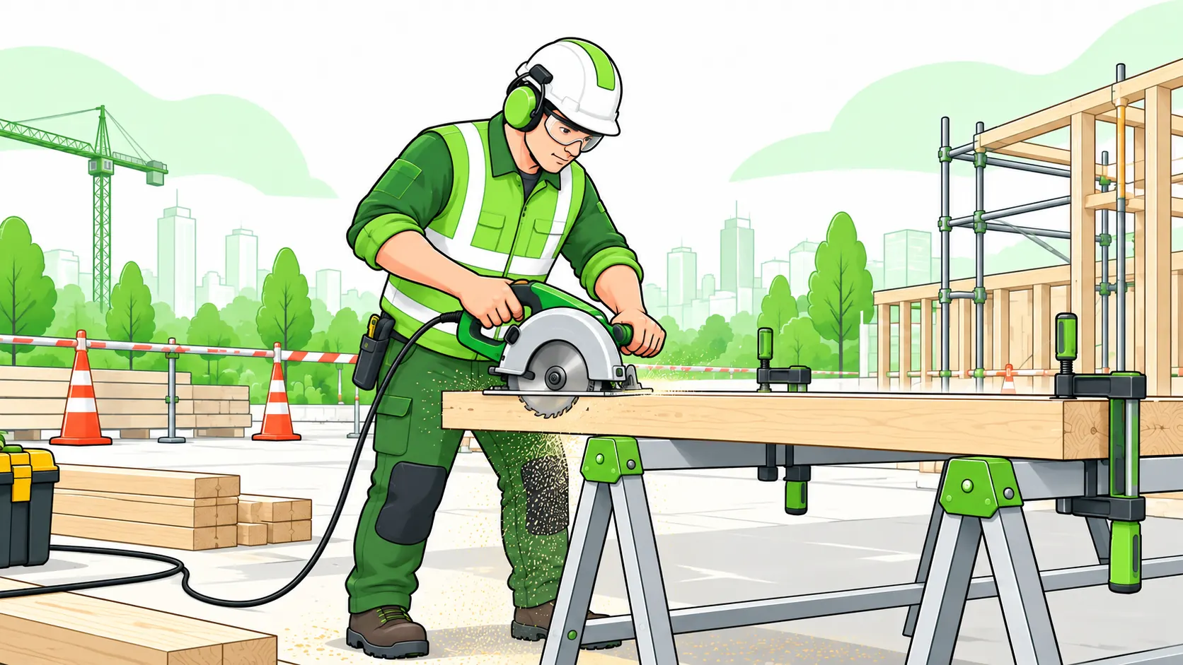 Worker uses a guarded circular saw with both hands on its handles to cut clamped, supported timber while wearing eye and hearing protection.