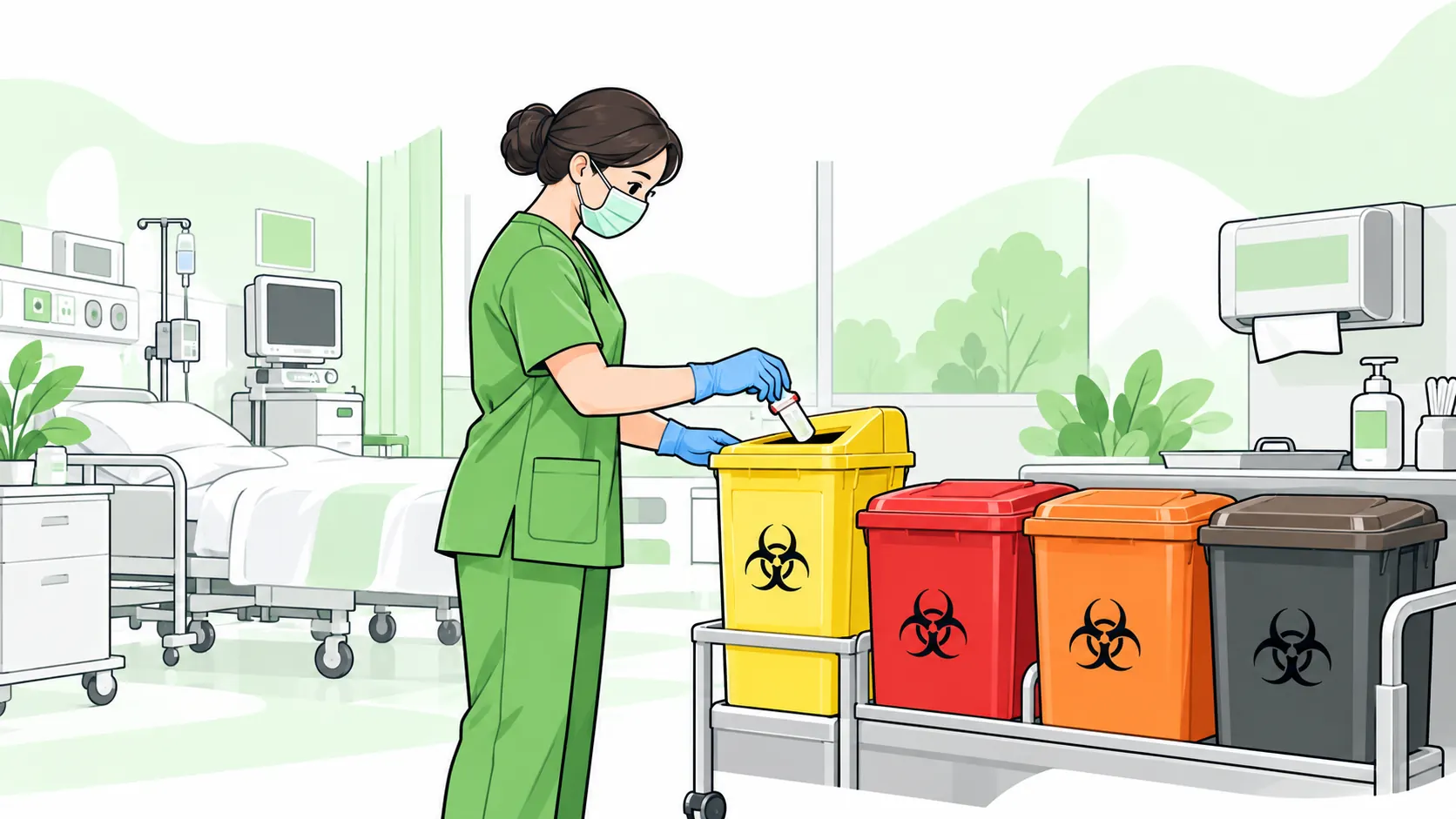 Healthcare worker places a sealed clinical item into a yellow sharps container beside separate closed clinical waste bins.