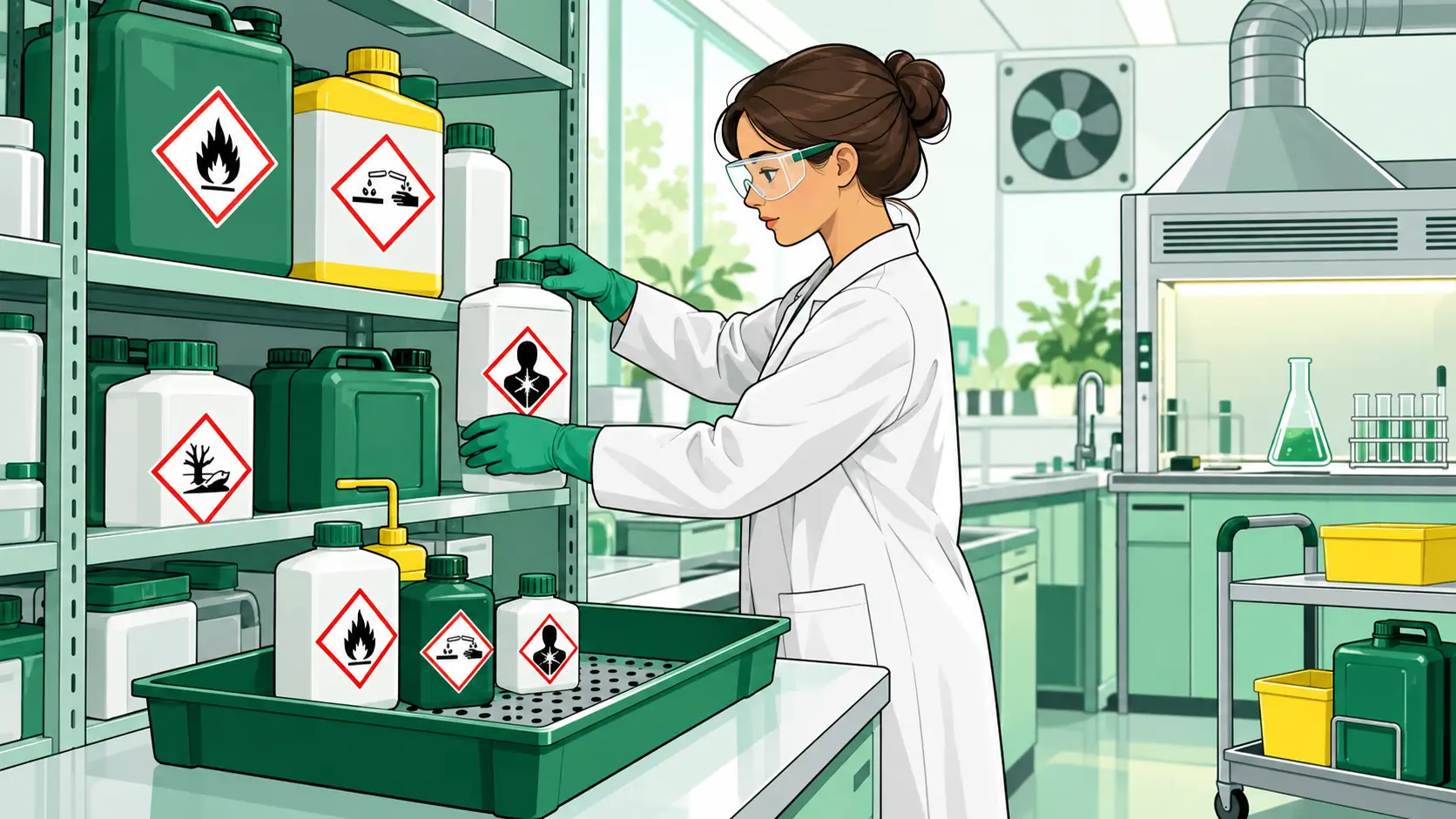 A laboratory worker sorts chemical containers in ventilated storage, each showing a distinct nonverbal hazard pictogram inside a red diamond.