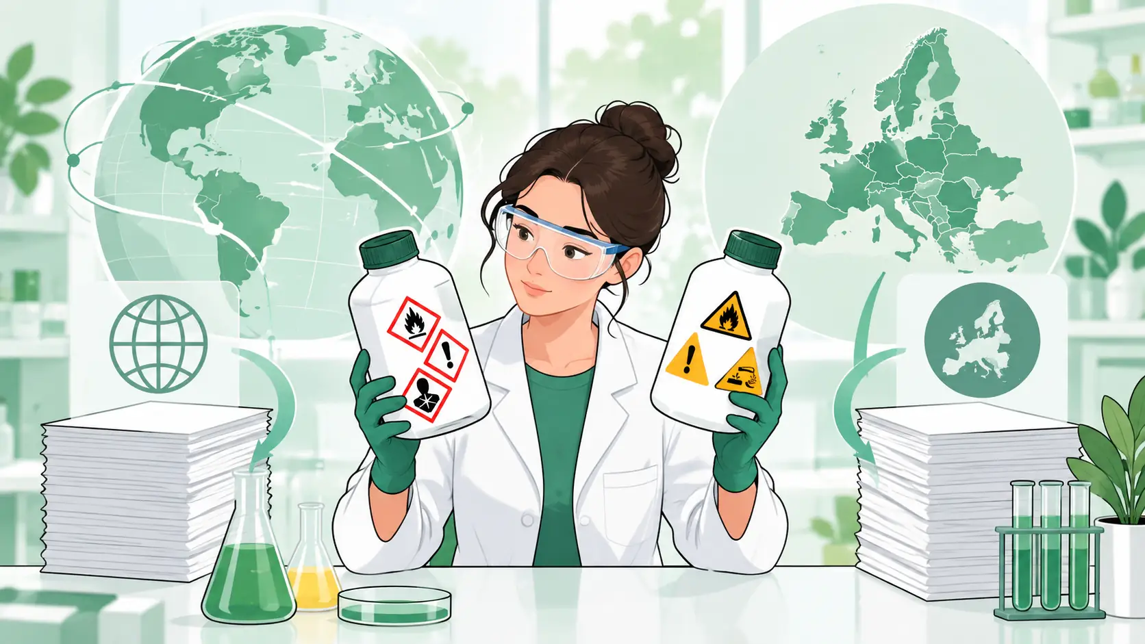 Chemist compares two unlabeled sample containers and separate blank document sets to represent the global GHS framework and the EU CLP implementation.