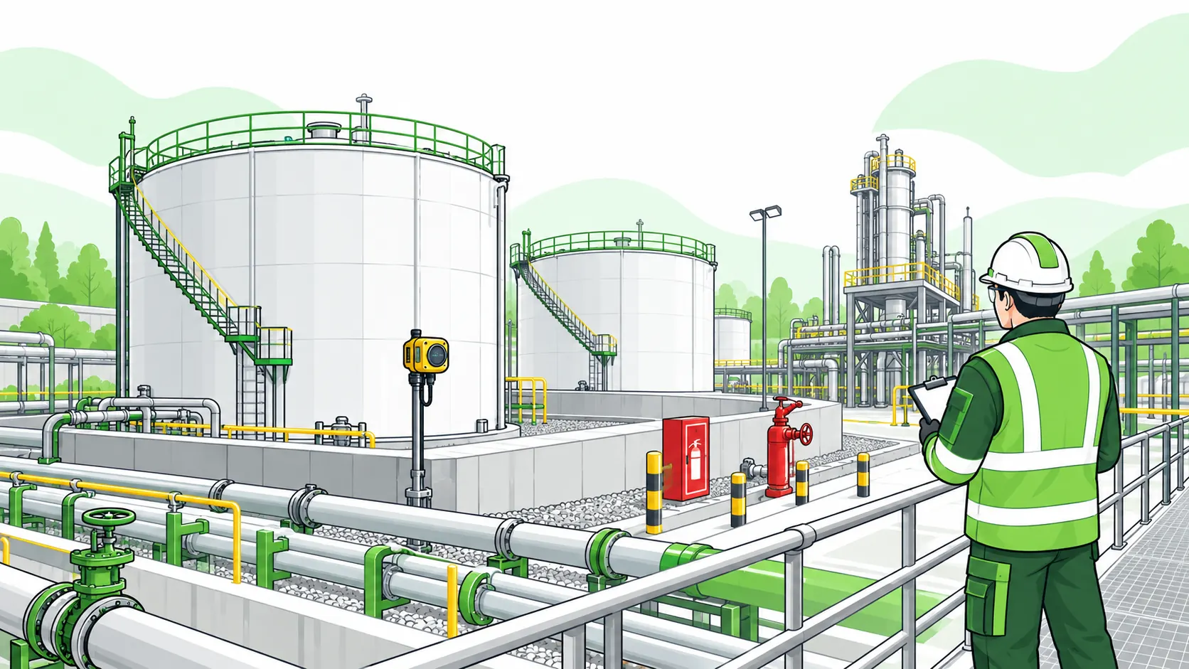 Inspector reviews chemical storage tanks, secondary containment, gas monitoring and emergency equipment at an industrial facility.
