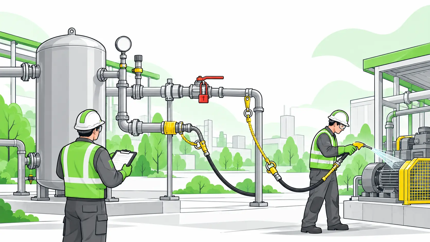 A technician inspects a secured compressed-air receiver and pipe system with guarded couplings, whip checks, isolation controls and a safety blow gun.