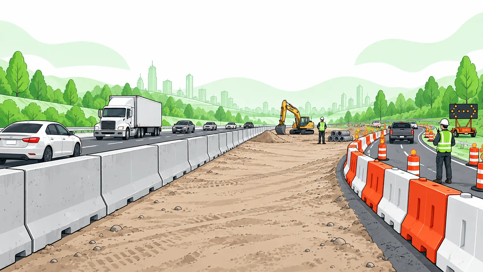 Concrete barriers separate road traffic from a work zone while plastic channelizers guide a separate access lane.