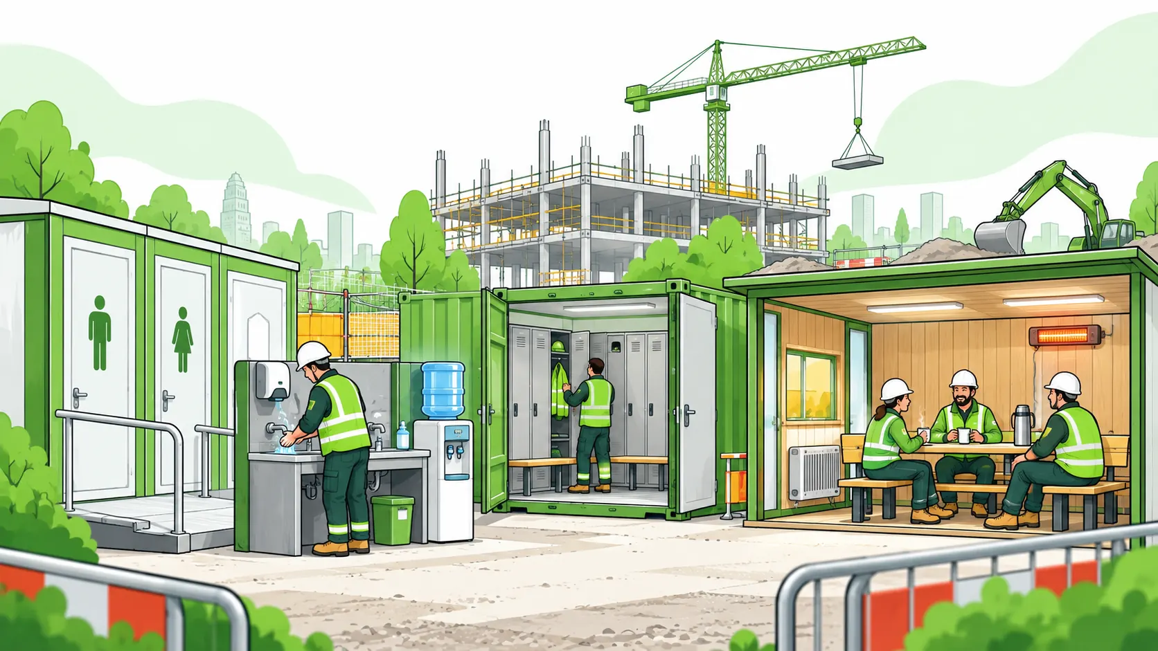 Construction workers use site toilets, handwashing facilities, drinking water, changing lockers and a heated rest cabin.